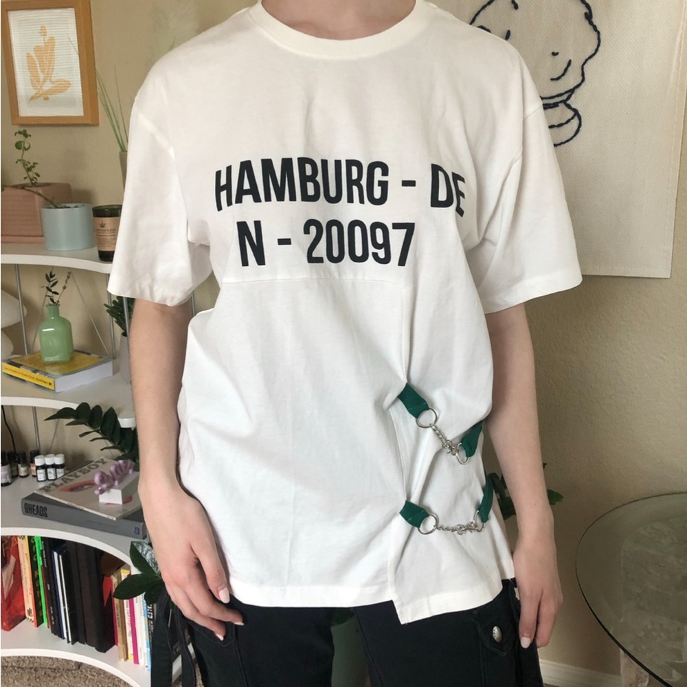 Topshop Oversized White Graphic T-Shirt with Green chain straps